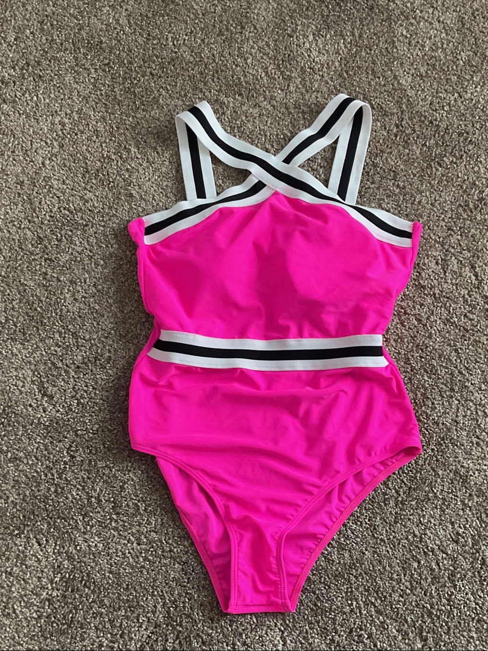 SHEIN Neon Pink One-Piece Swimsuit with Black and White Striped Bands